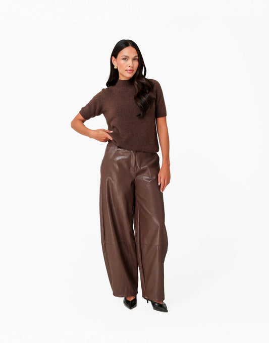 Bruine PU Ballon Detail - Broek - Olivia & Kate