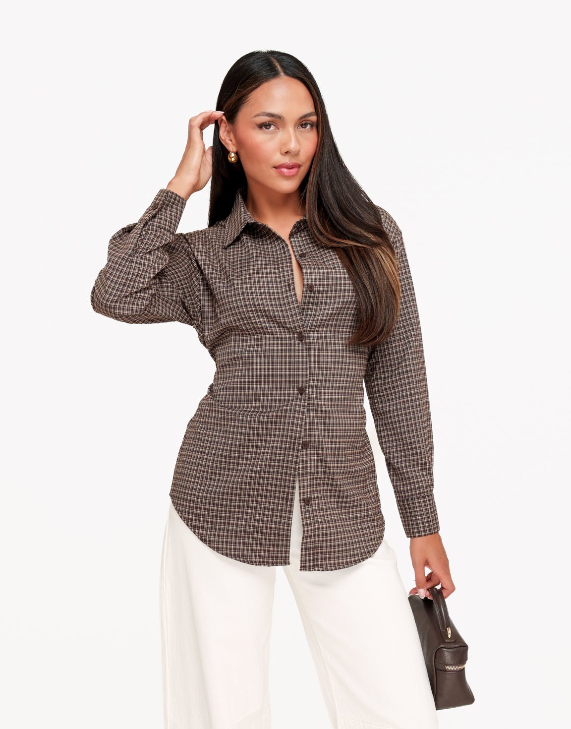 Bruine Ruiten Strik Op Rug - Blouse - Olivia & Kate