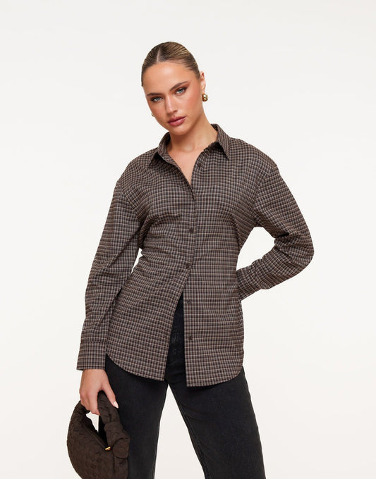 Bruine Ruiten Strik Op Rug - Blouse - Olivia & Kate