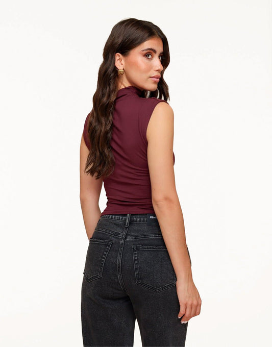 Burgundy Pleated Turtleneck SS - Top - Olivia & Kate