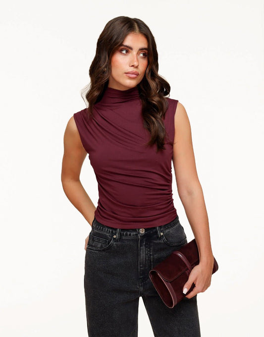 Burgundy Pleated Turtleneck SS - Top - Olivia & Kate
