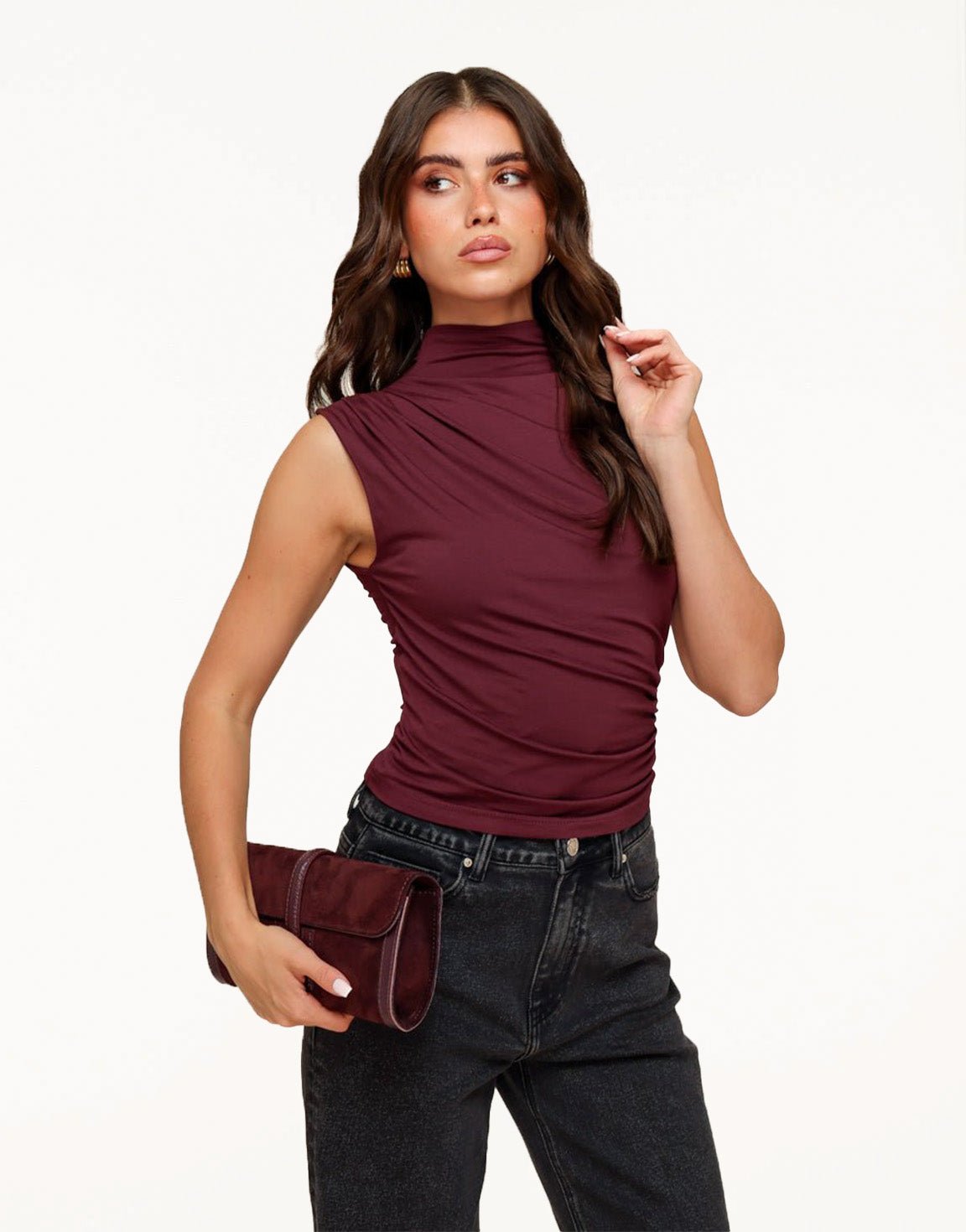 Burgundy Pleated Turtleneck SS - Top - Olivia & Kate
