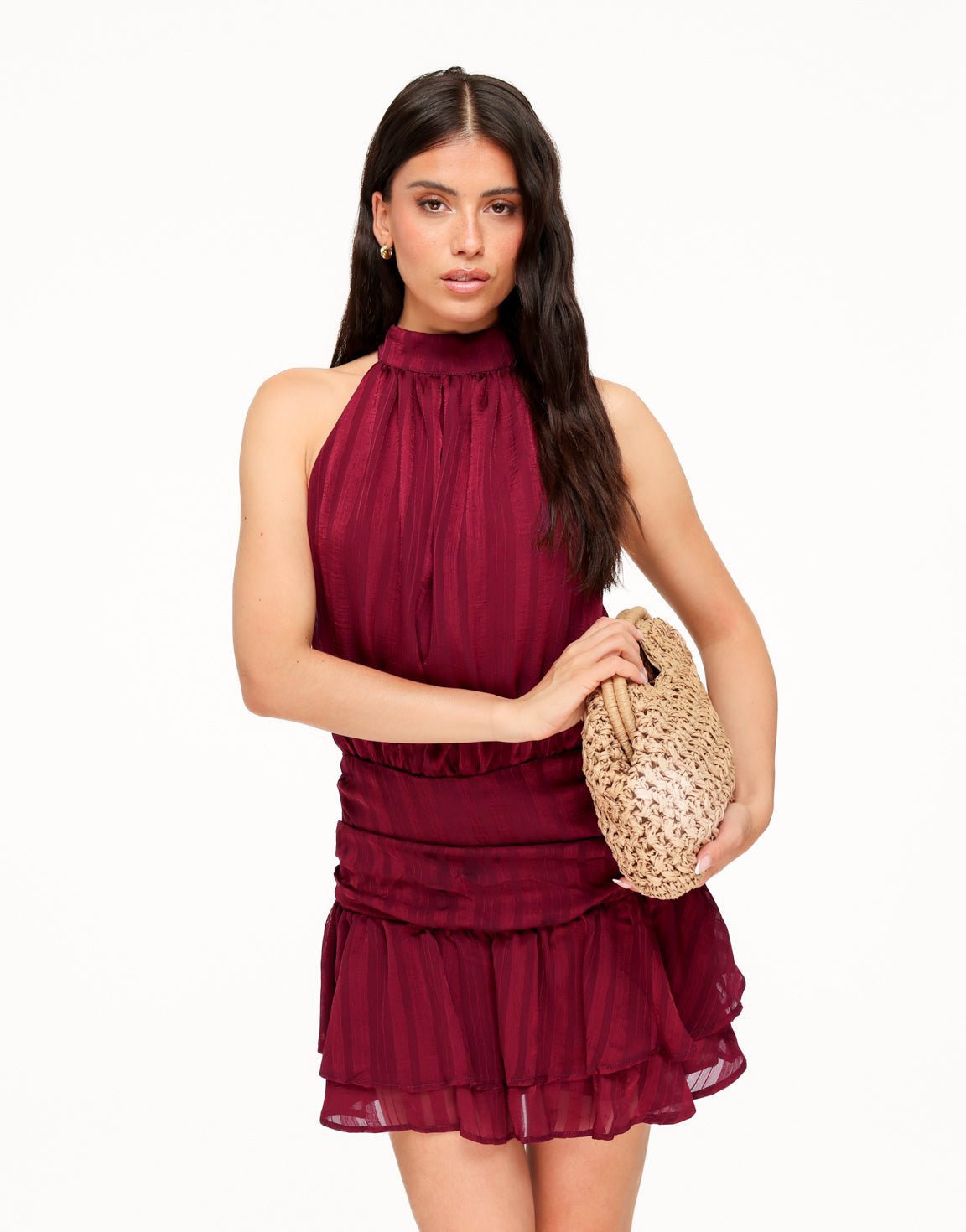 Burgundy Gestreepte Halter Ruffel - Jurk - Olivia & Kate
