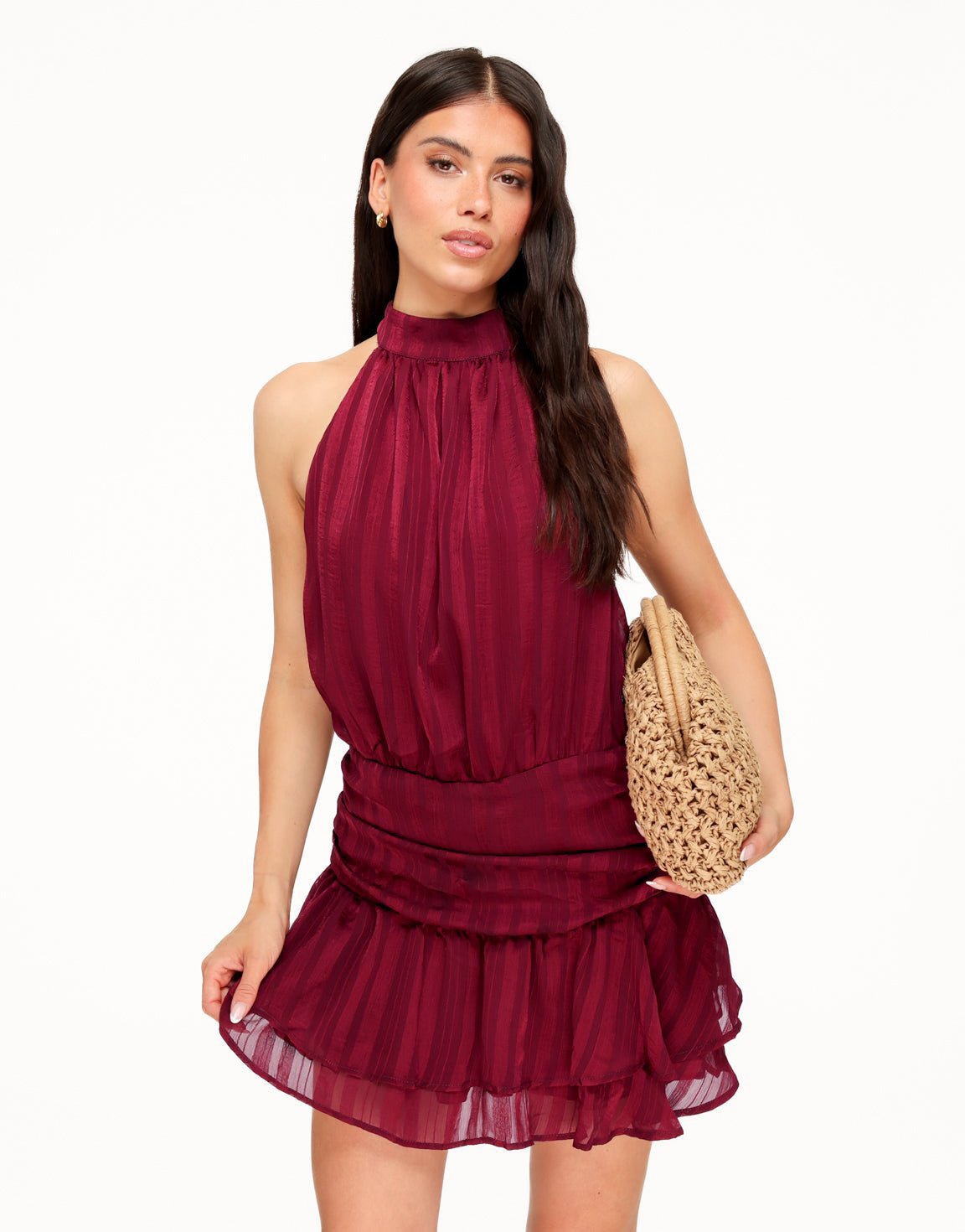 Burgundy Gestreepte Halter Ruffel - Jurk - Olivia & Kate