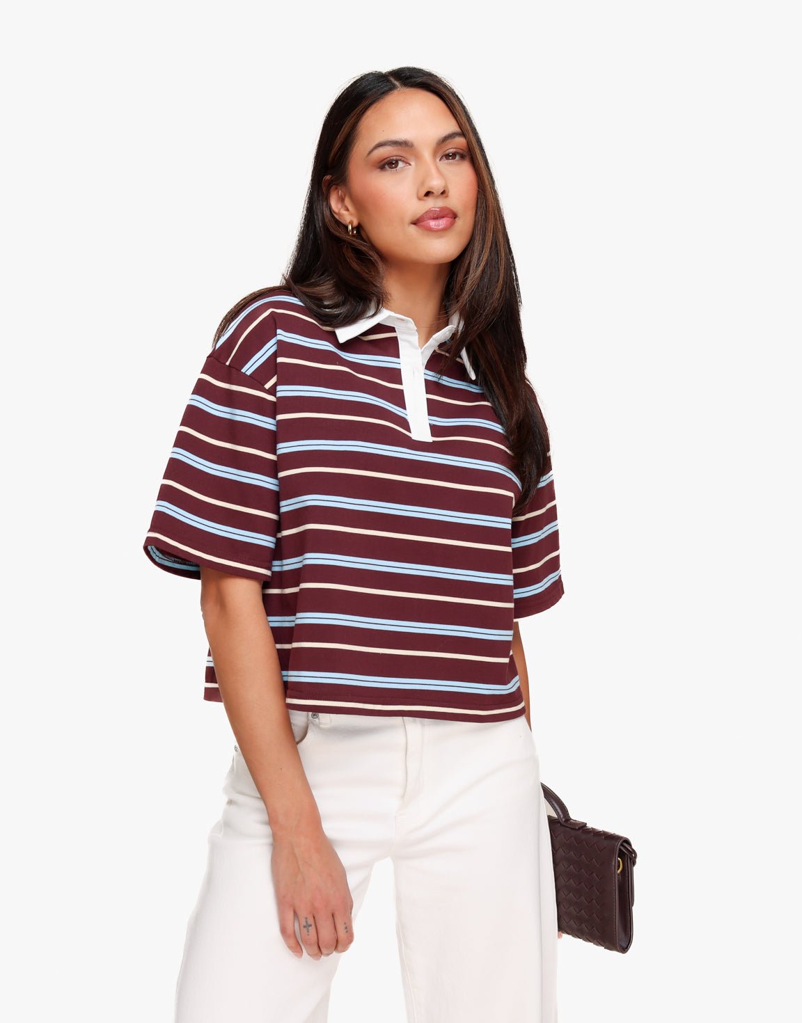 Burgundy Gestreepte Kraag SS - T-shirt - Olivia & Kate