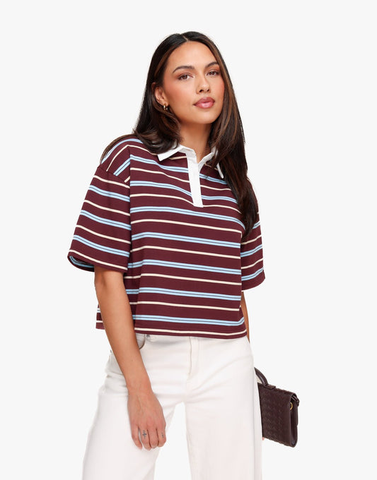 Burgundy Gestreepte Kraag SS - T-shirt - Olivia & Kate
