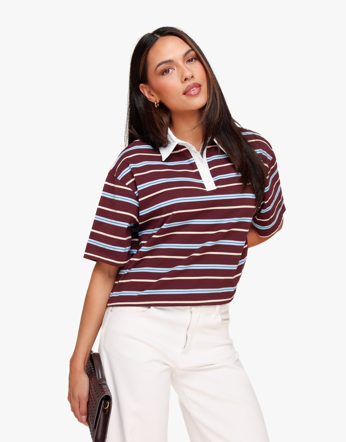 Burgundy Gestreepte Kraag SS - T-shirt - Olivia & Kate