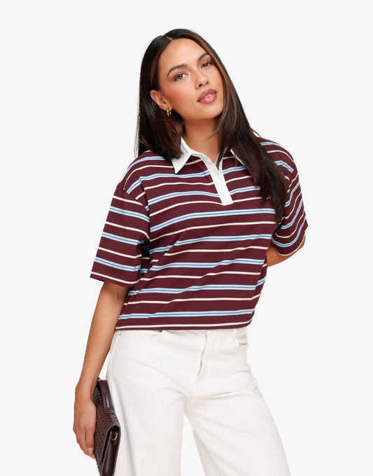 Burgundy Gestreepte Kraag SS - T-shirt - Olivia & Kate