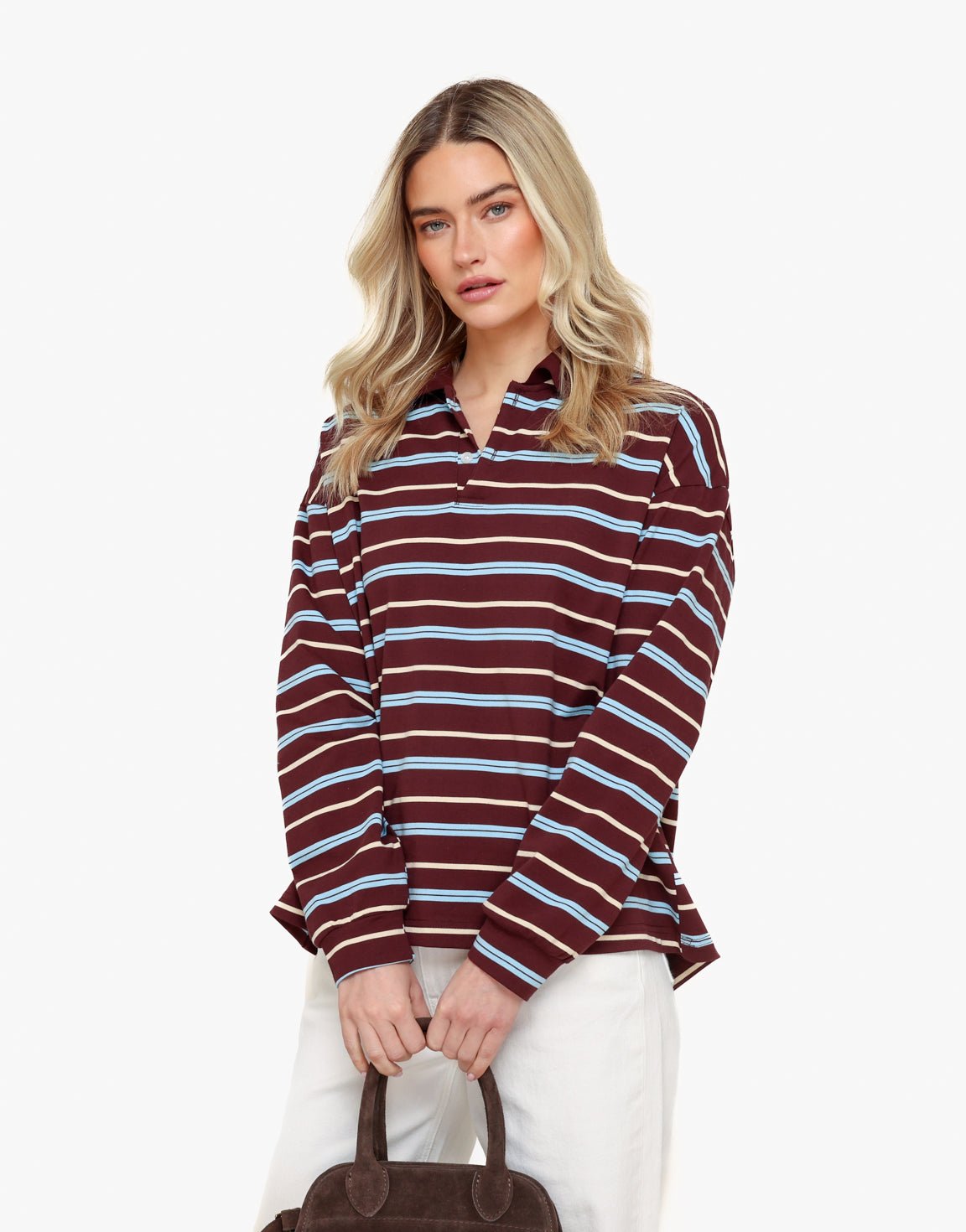 Burgundy Gestreepte Kraag - T-shirt - Olivia & Kate