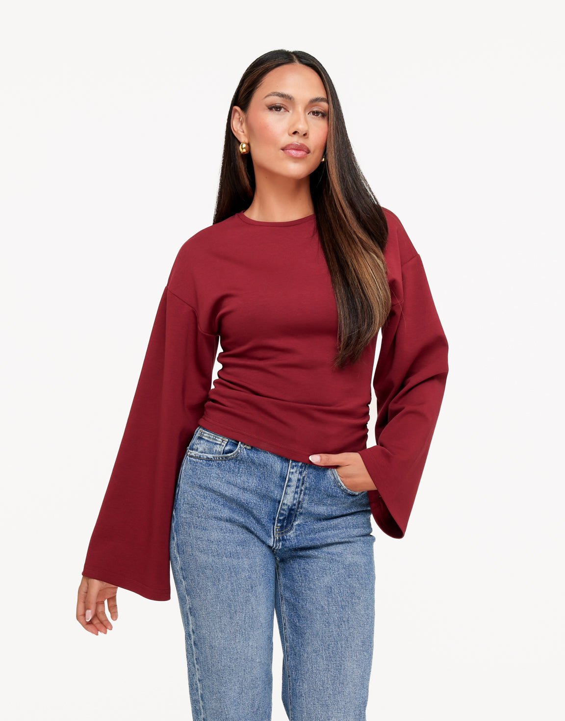 Burgundy Getailleerde Wijde Mouwen LS - Top - Olivia & Kate
