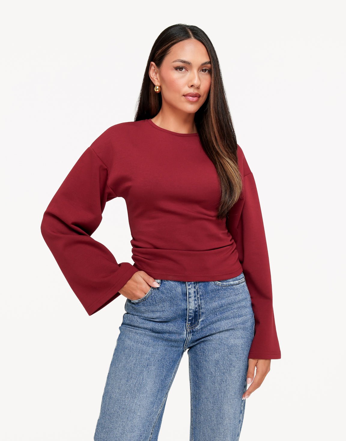 Burgundy Getailleerde Wijde Mouwen LS - Top - Olivia & Kate