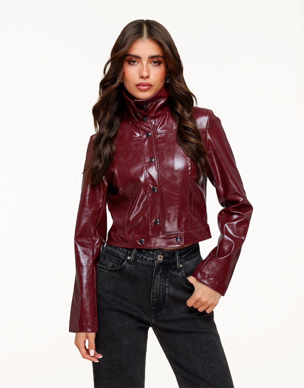 Burgundy Shiny Fitted PU Leather - Jacket - Olivia & Kate