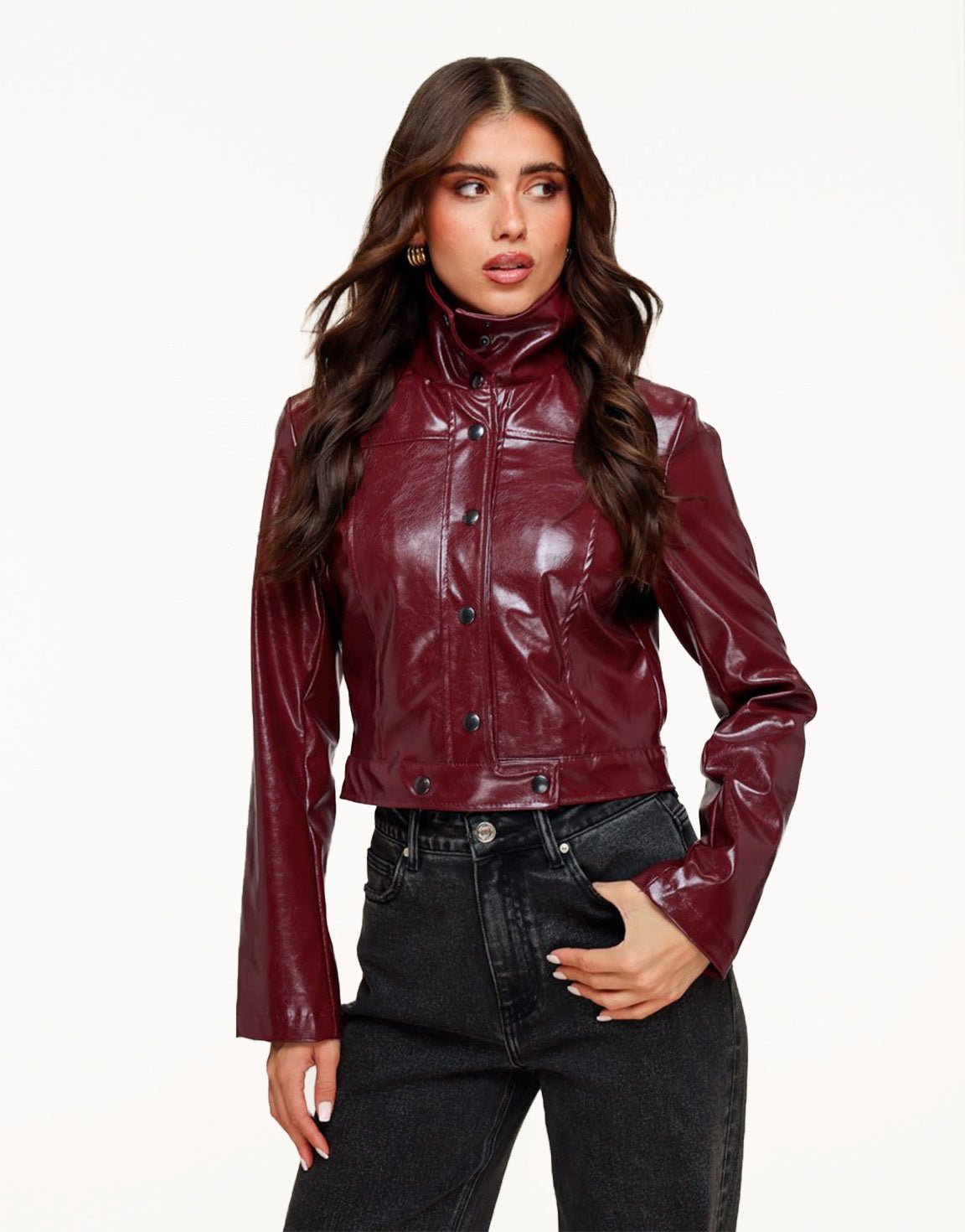 Burgundy Shiny Fitted PU Leather - Jacket - Olivia & Kate