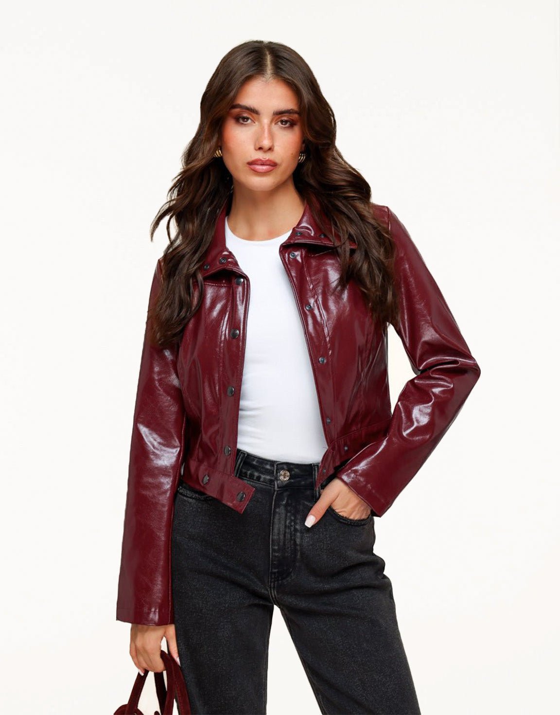 Burgundy Shiny Fitted PU Leather - Jacket - Olivia & Kate