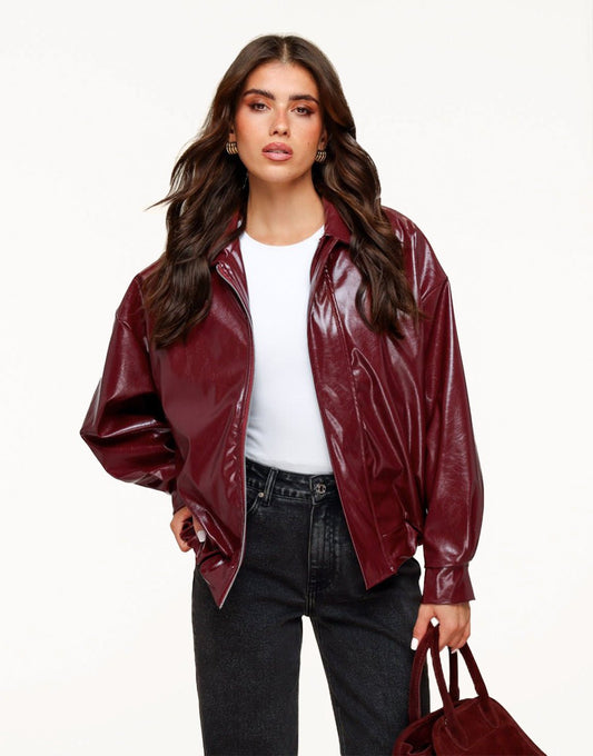 Burgundy Shiny PU Leather Bomber - Jacket - Olivia & Kate