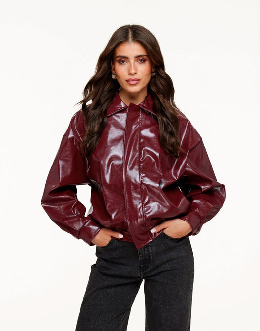 Burgundy Glanzende PU Leren Bomber - Jas - Olivia & Kate