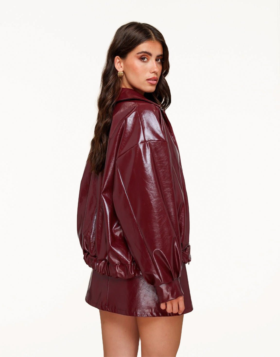 Burgundy Shiny PU Leather Bomber - Jacket - Olivia & Kate