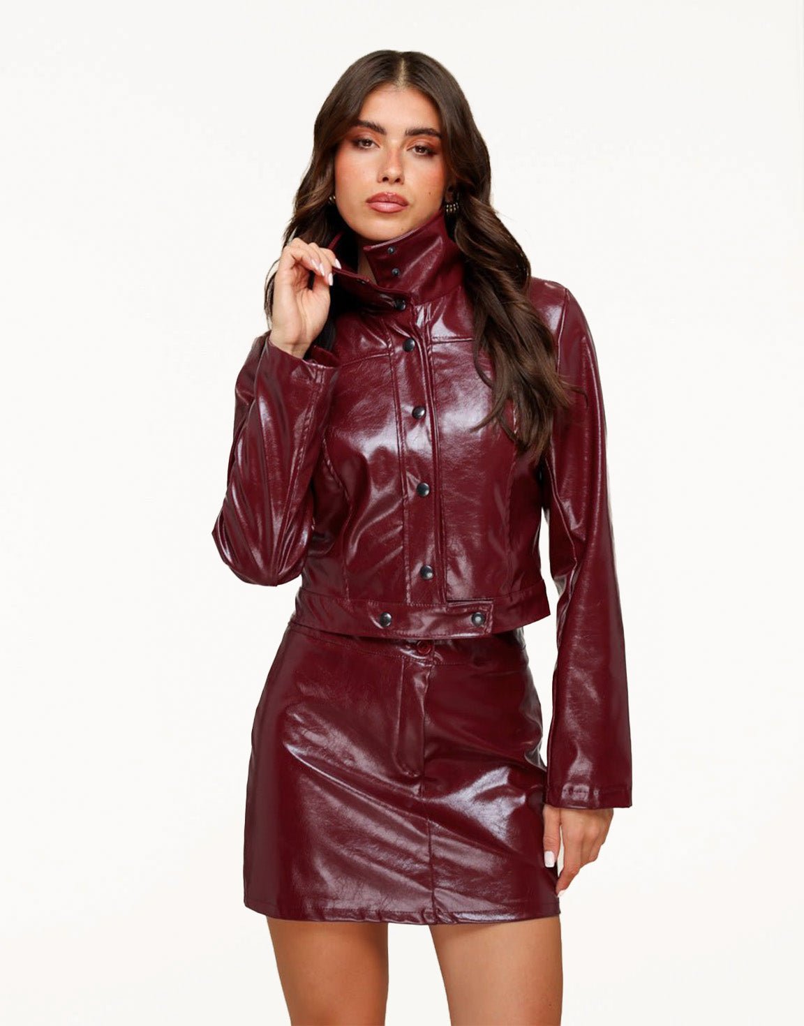 Burgundy Shiny PU Leather - Skirt - Olivia & Kate