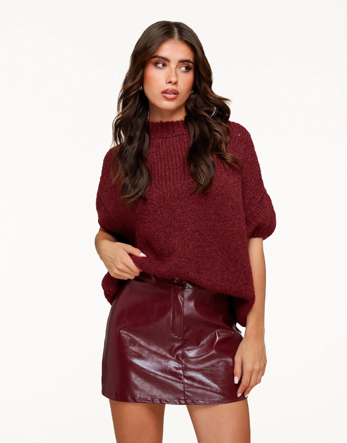 Burgundy Shiny PU Leather - Skirt - Olivia & Kate