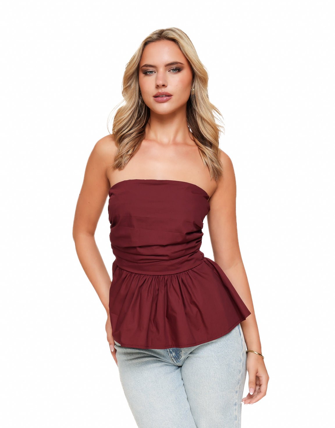 Burgundy Strapless Peplum - Top - Olivia & Kate