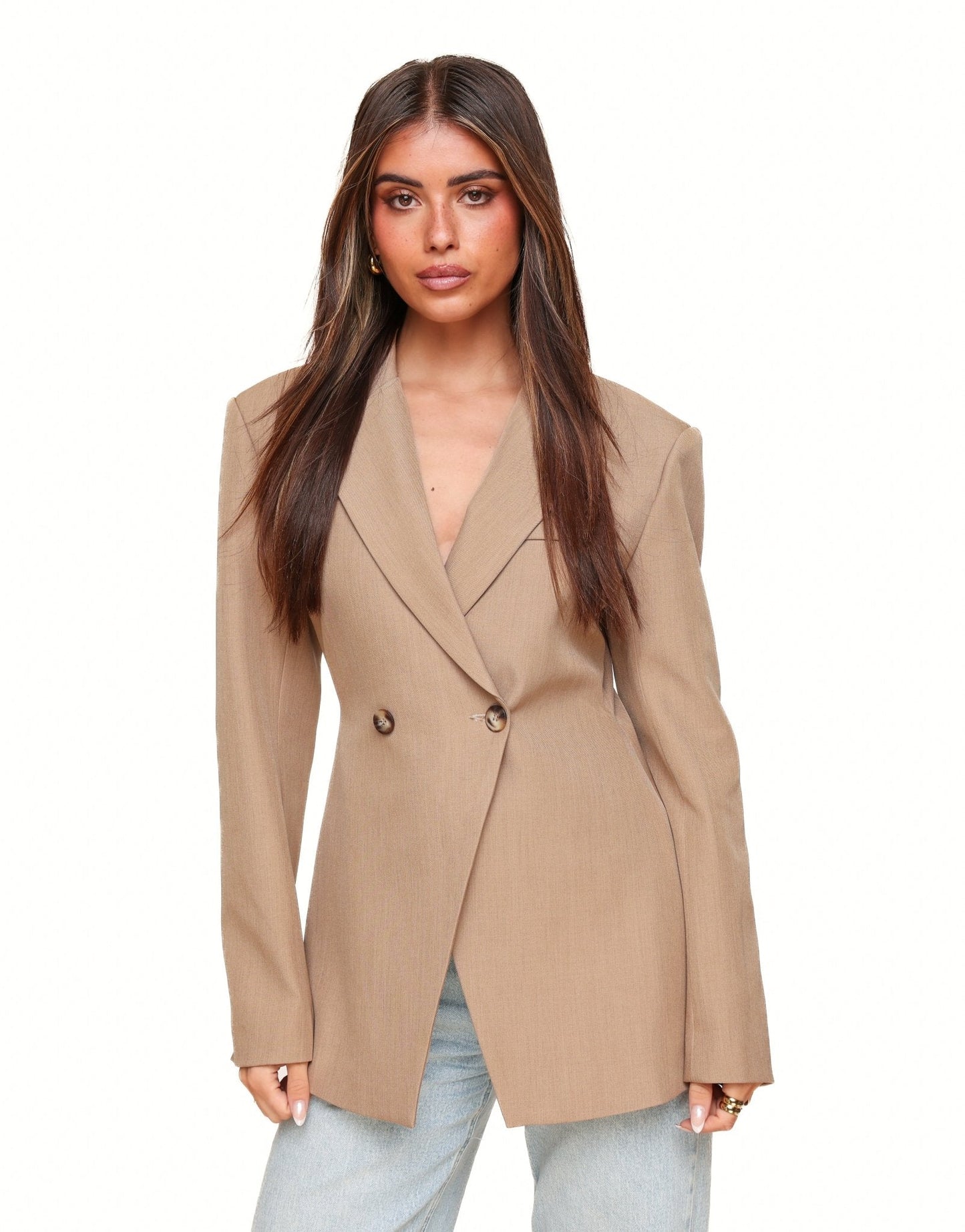 Camel Lange Classic Getailleerde - Blazer - Olivia & Kate