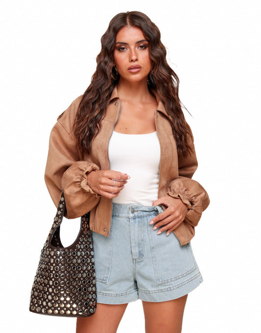 Camel Suede Bomber - Jas - Olivia & Kate