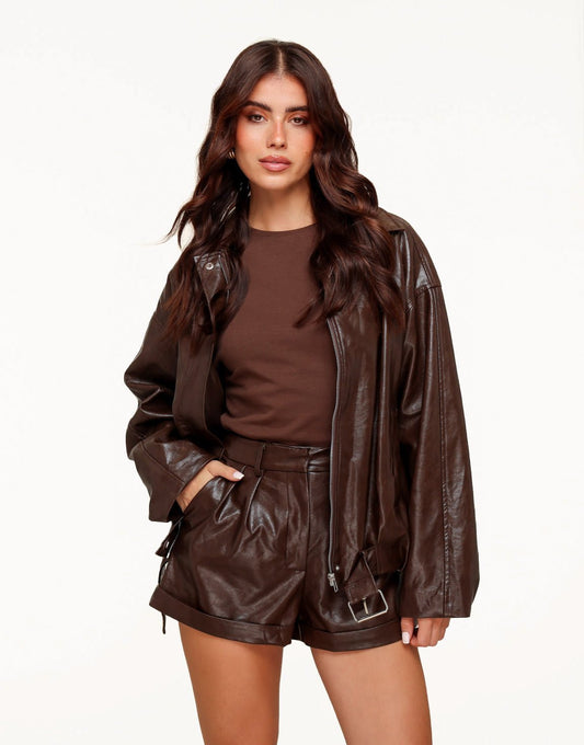 Coffee PU Leather Biker - Jacket - Olivia & Kate