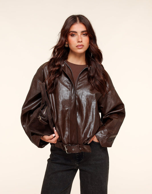Coffee PU Leren Biker - Jas - Olivia & Kate