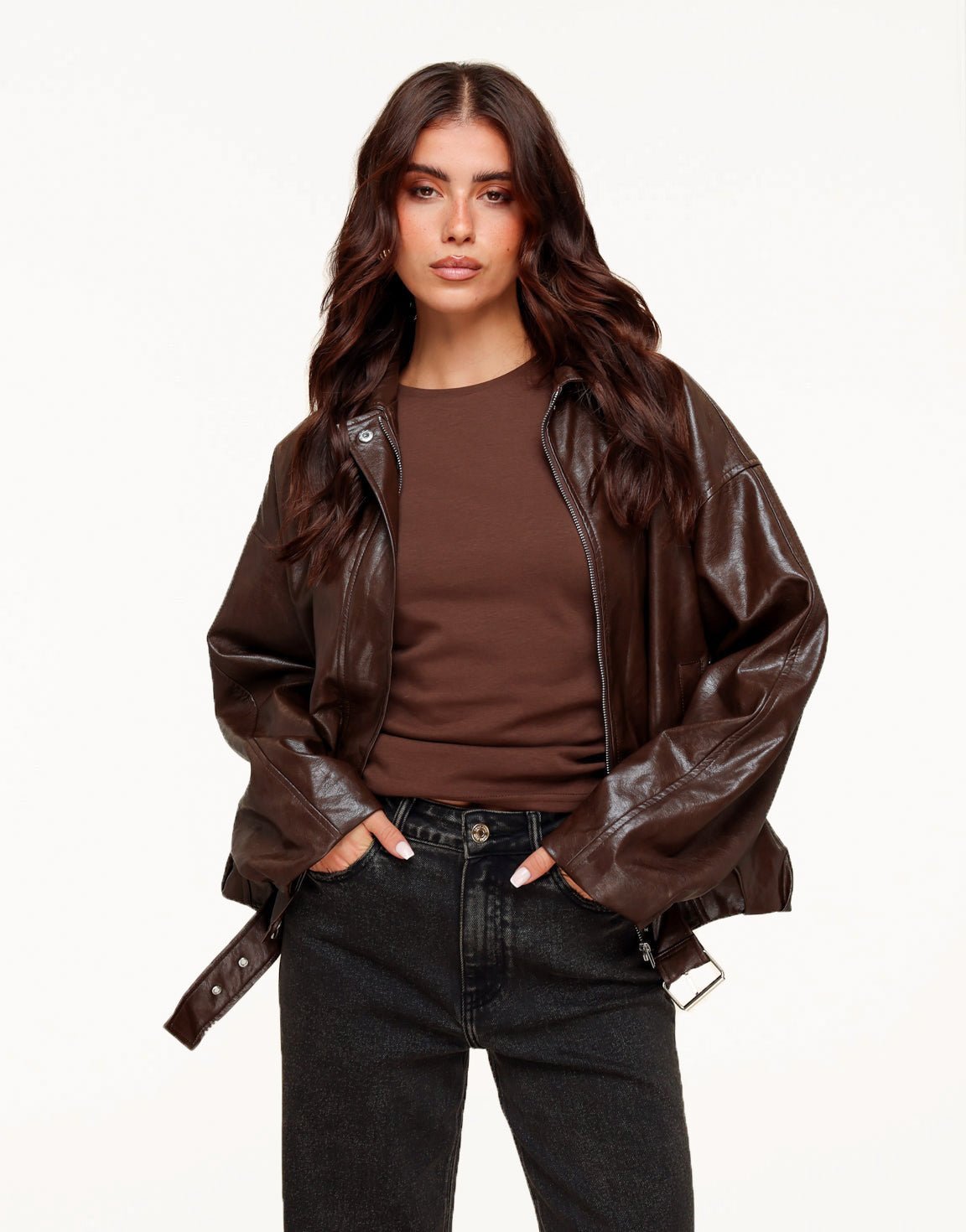 Coffee PU Leather Biker - Jacket - Olivia & Kate