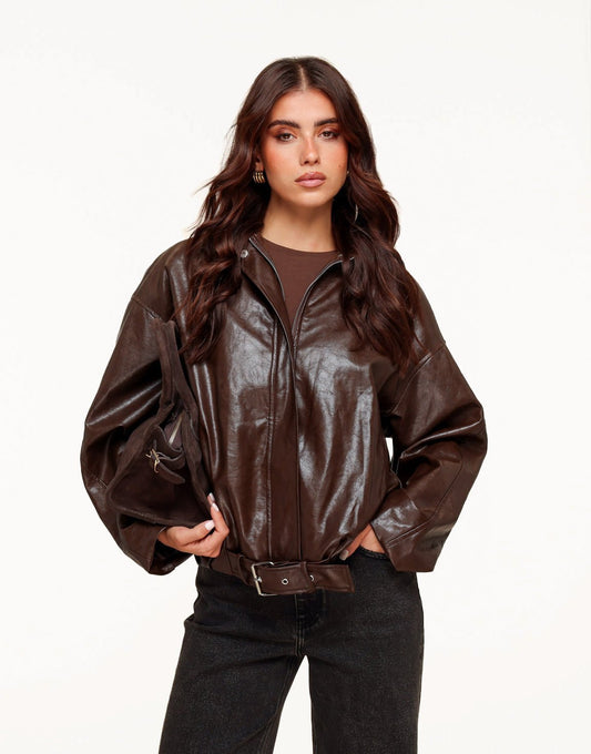 Coffee PU Leather Biker - Jacket - Olivia & Kate