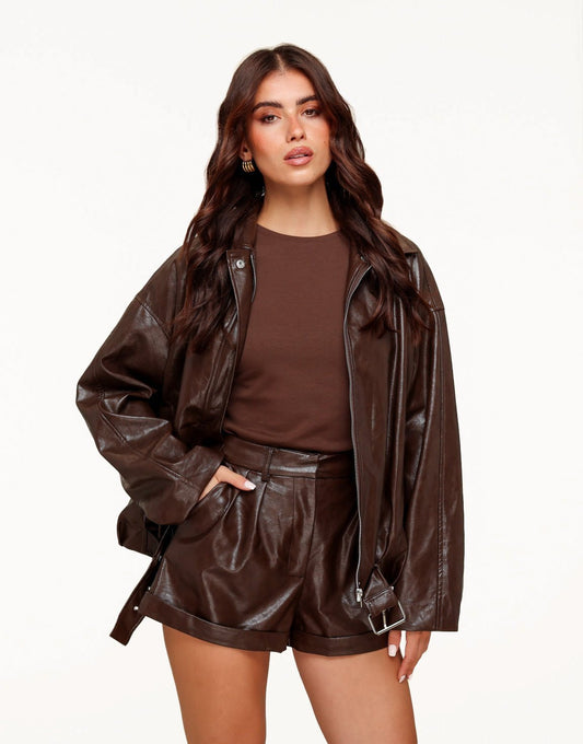 Coffee PU Leren Biker - Short - Olivia & Kate