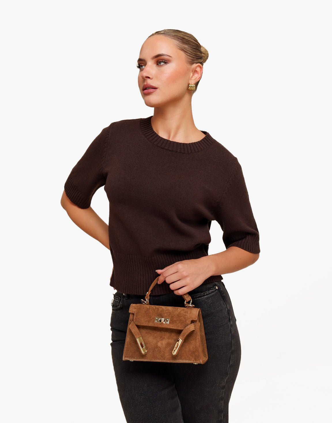 Cognac Suede Gouden Detail - Tas - Olivia & Kate
