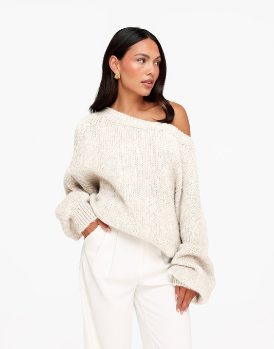 Creme Gebreide Wollen Off Shoulder - Trui - Olivia & Kate