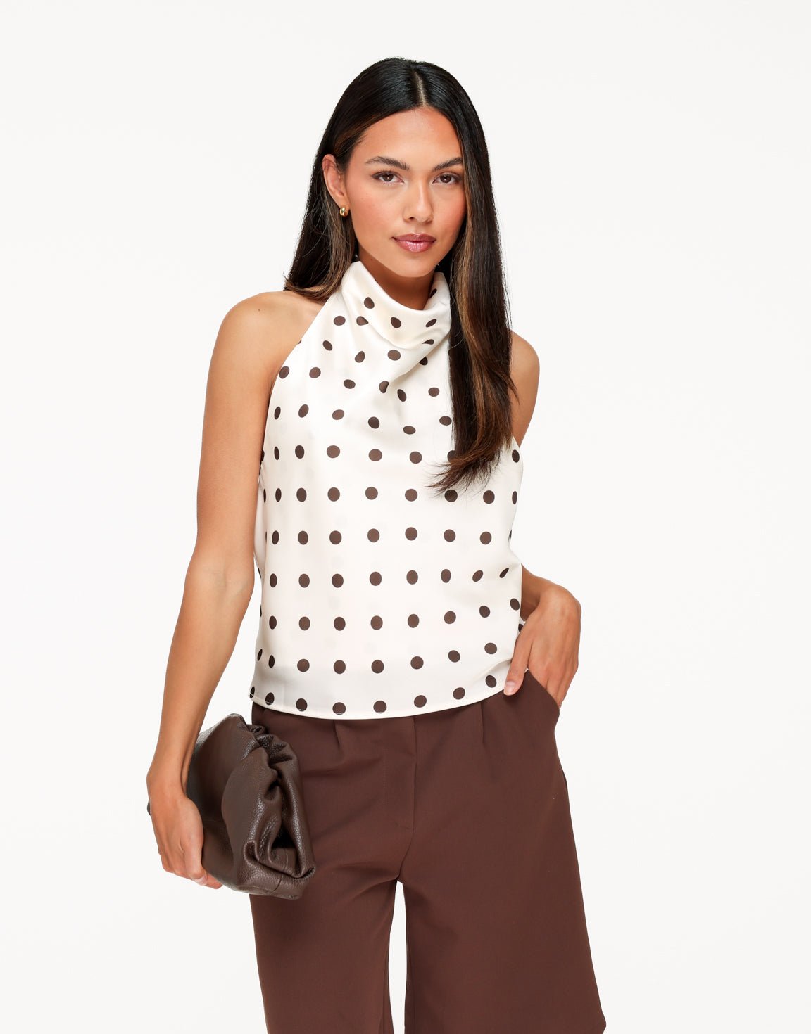 Creme Satijnen Polkadot Hoge Hals - Top - Olivia & Kate
