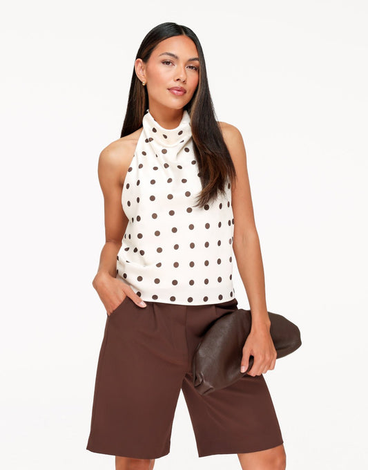Creme Satijnen Polkadot Hoge Hals - Top - Olivia & Kate