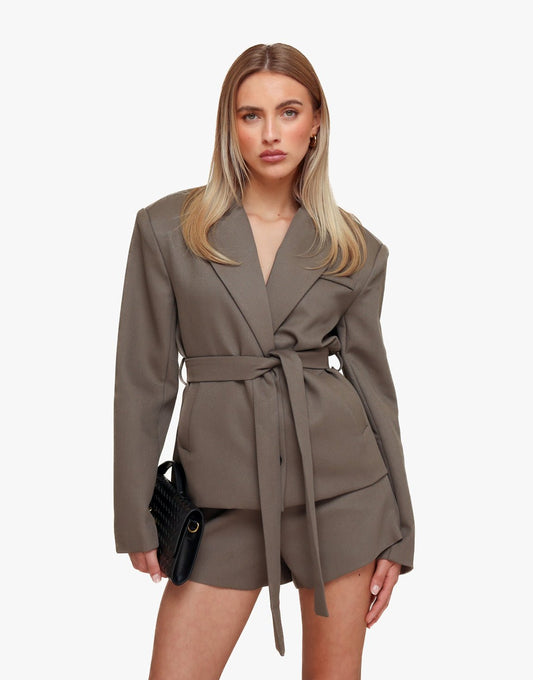 Donker Khaki Hoge Kraag Cropped - Blazer - Olivia & Kate