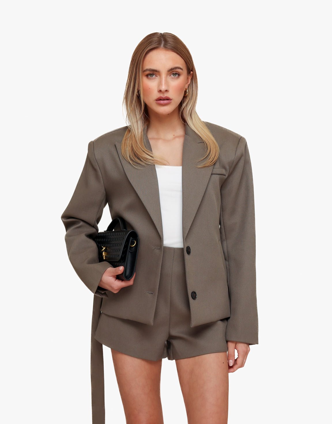 Donker Khaki Hoge Kraag Cropped - Blazer - Olivia & Kate