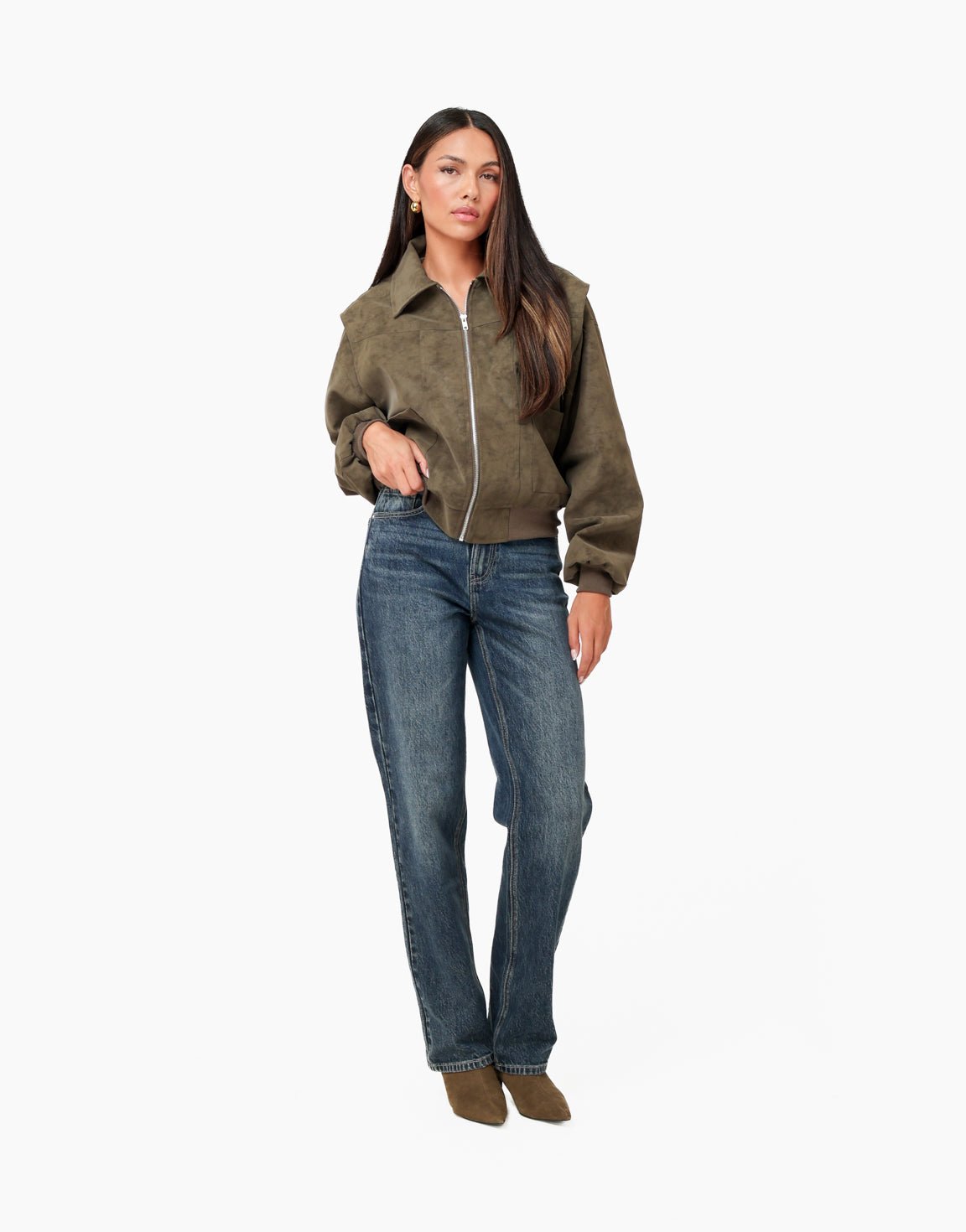 Donker Khaki PU Look Bomber - Jas - Olivia & Kate
