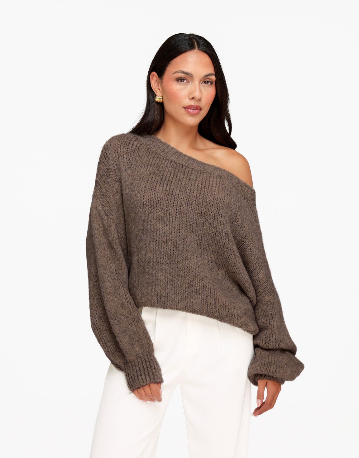 Donker Taupe Gebreide Off Shoulder - Trui - Olivia & Kate