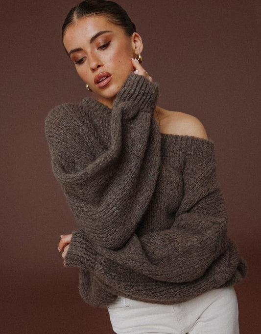 Donker Taupe Gebreide Off Shoulder - Trui - Olivia & Kate