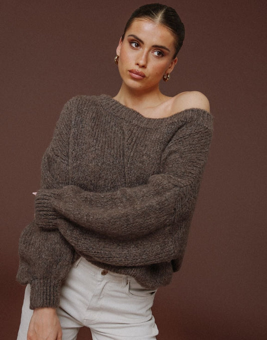 Donker Taupe Gebreide Off Shoulder - Trui - Olivia & Kate