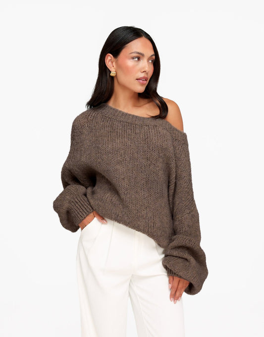 Donker Taupe Gebreide Off Shoulder - Trui - Olivia & Kate