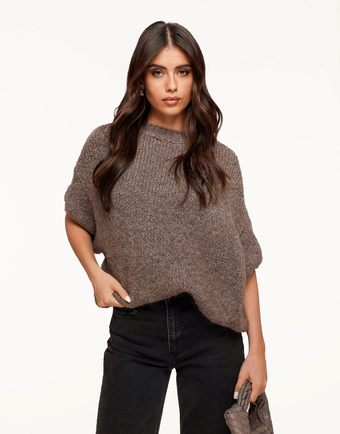 Donker Taupe Wollen Gebreide 3/4 Mouwen - Trui - Olivia & Kate