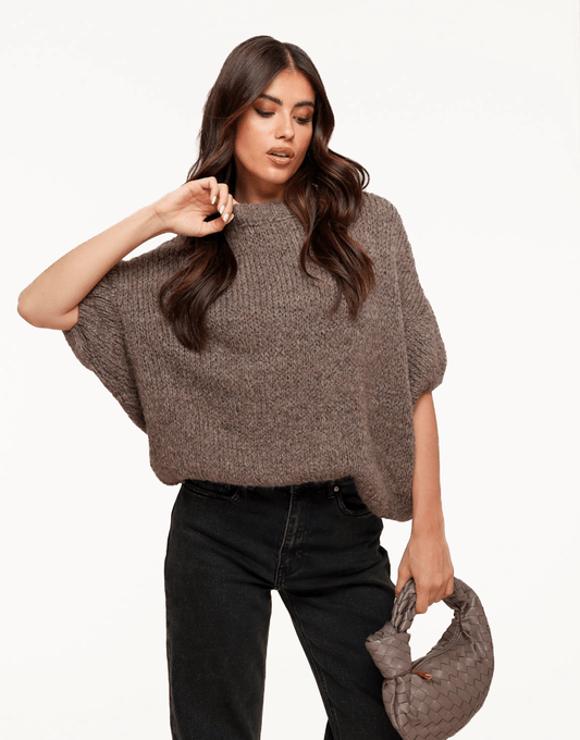 Donker Taupe Wollen Gebreide 3/4 Mouwen - Trui - Olivia & Kate