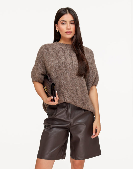 Donker Taupe Wollen Gebreide 3/4 Mouwen - Trui - Olivia & Kate