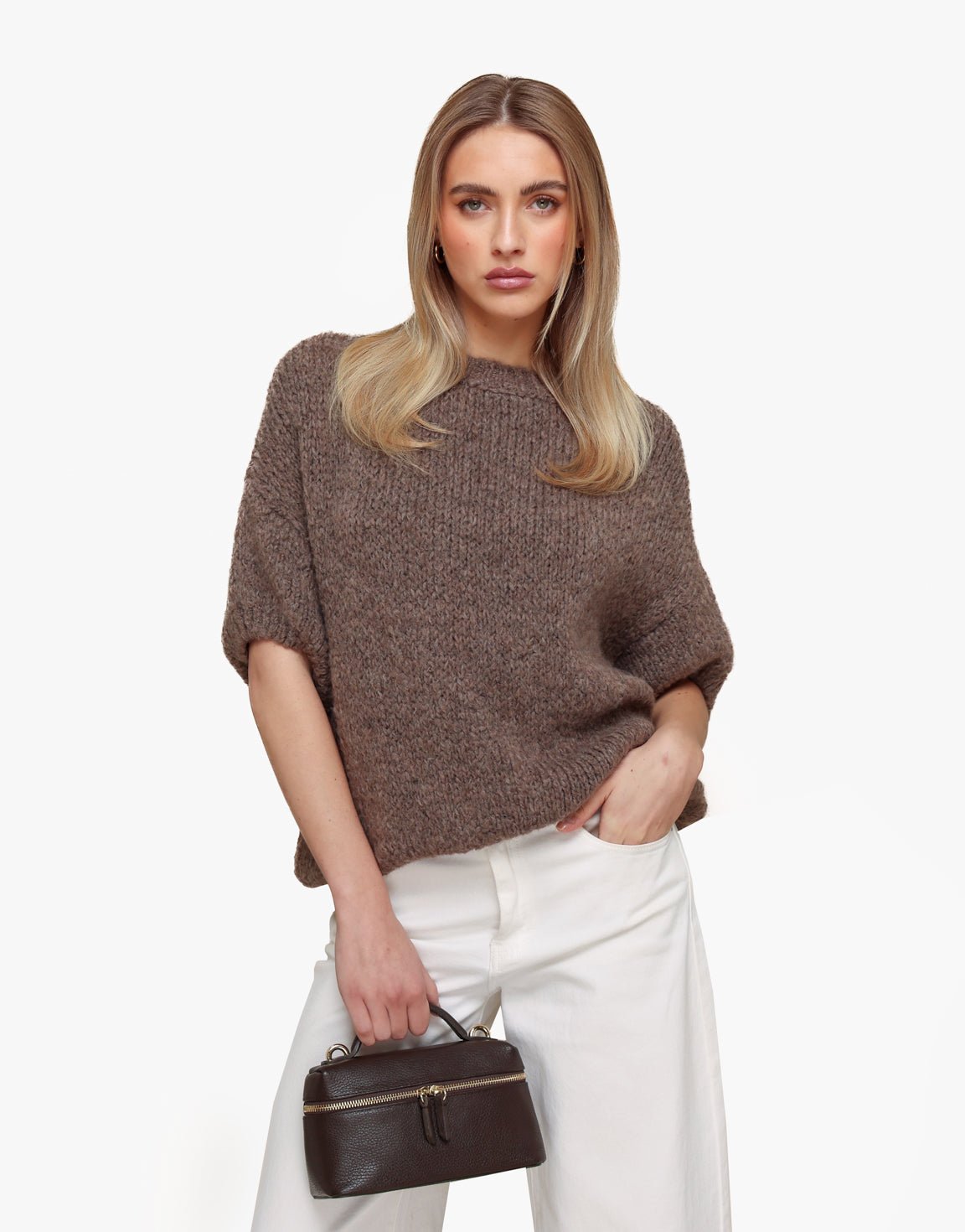 Donker Taupe Wollen Gebreide 3/4 Mouwen - Trui - Olivia & Kate