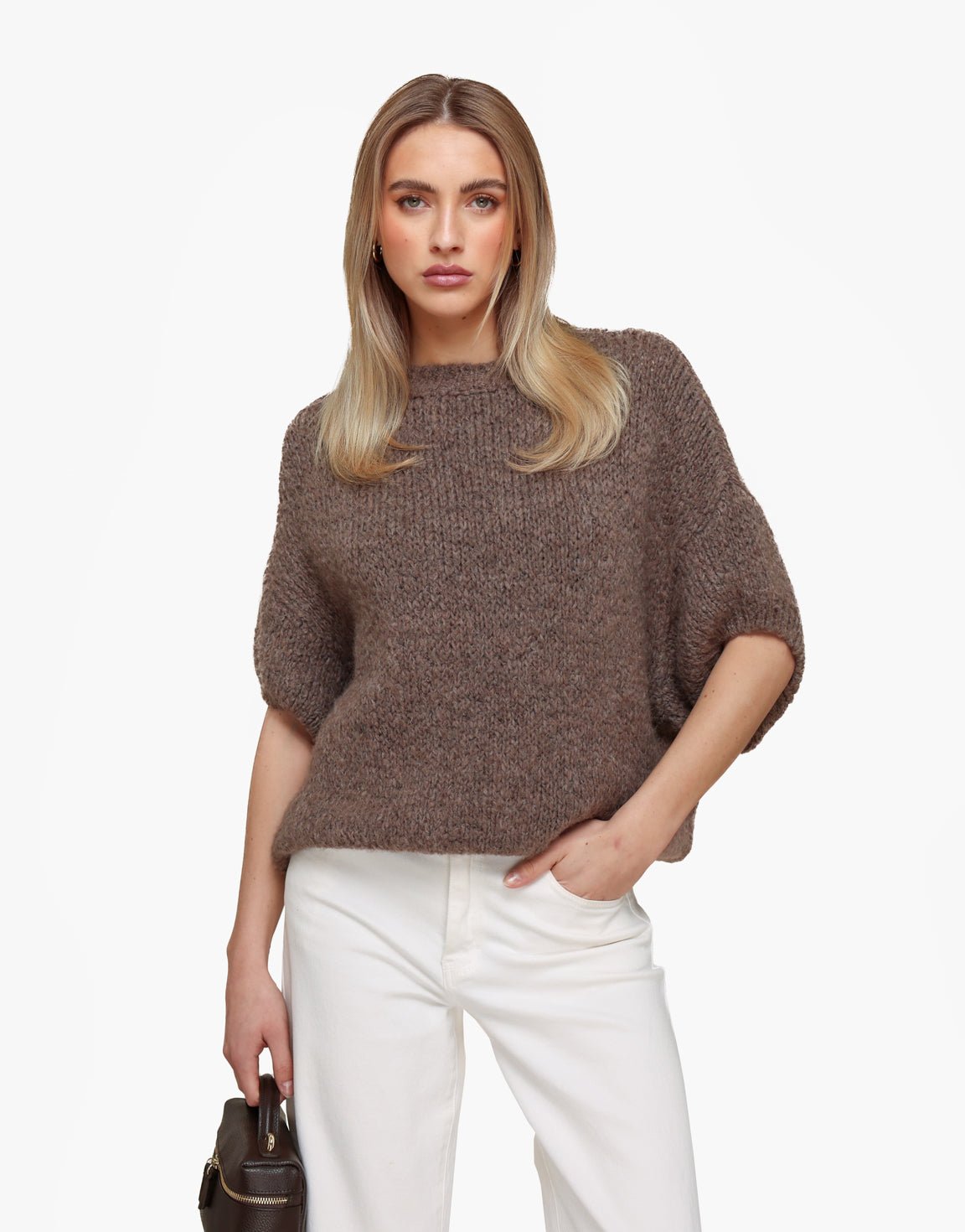 Donker Taupe Wollen Gebreide 3/4 Mouwen - Trui - Olivia & Kate