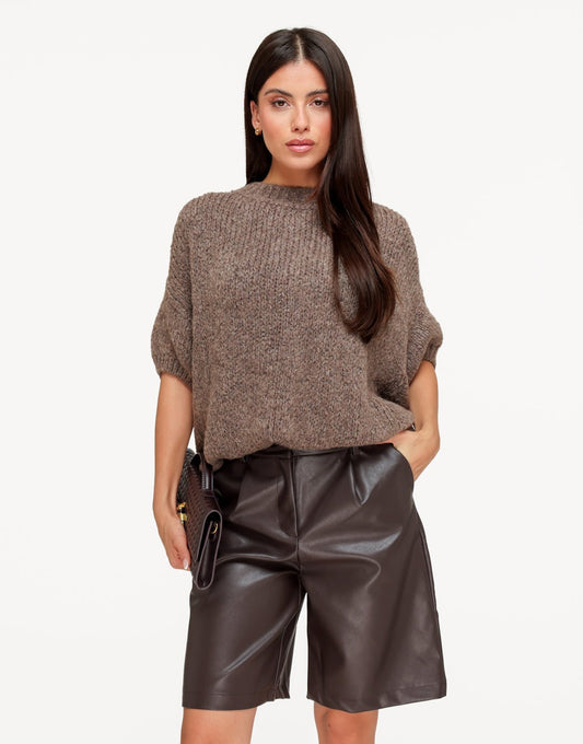 Donker Taupe Wollen Gebreide 3/4 Mouwen - Trui - Olivia & Kate