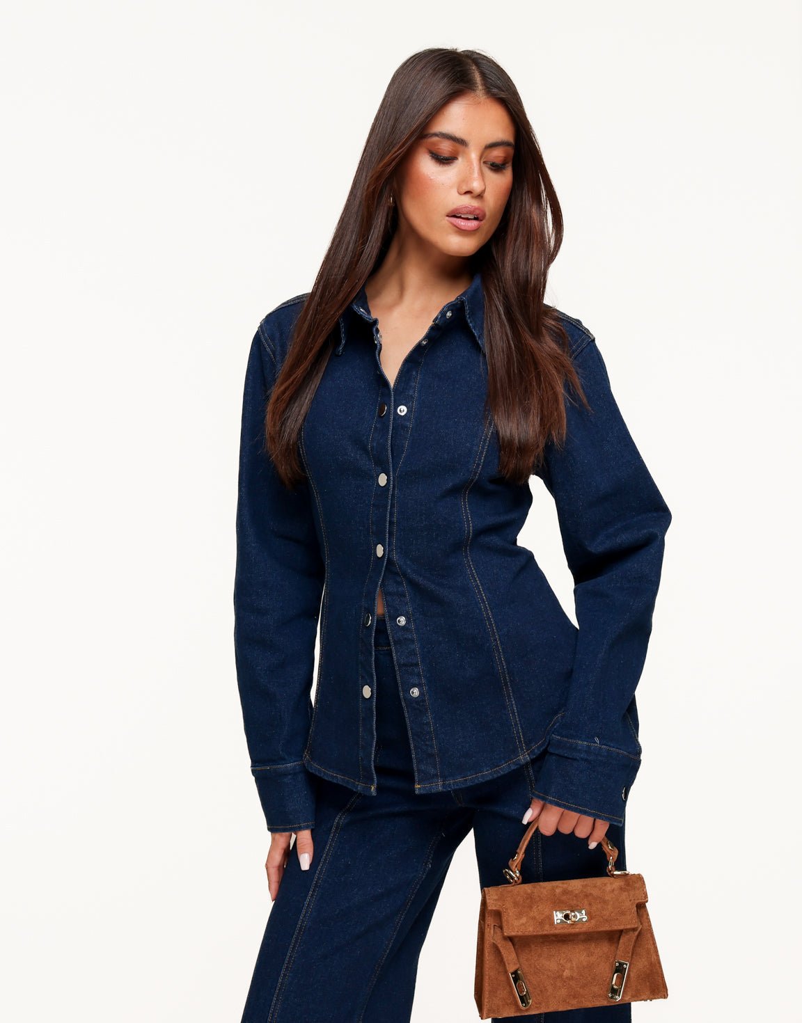 Donkerblauwe Gestikte Naden LS - Blouse - Olivia & Kate