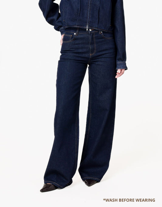 Donkerblauwe Mid Waisted Gestikte Naden - Jeans - Olivia & Kate